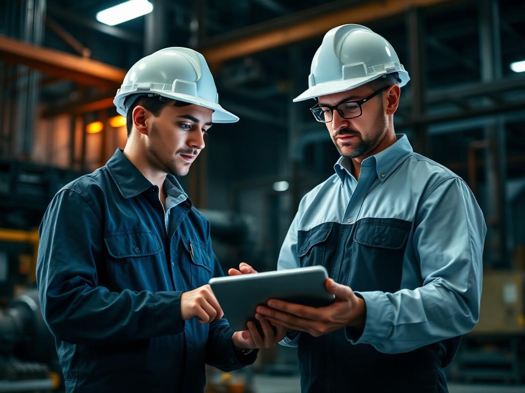 Engenheiros analisando dados de produção em tablet dentro da fábrica