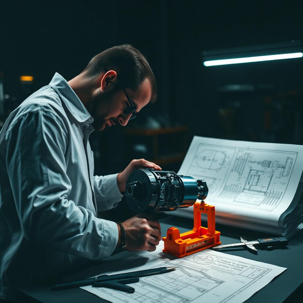 Engenheiro analisando conjunto mecânico complexo com dispositivo customizado sobre desenhos técnicos