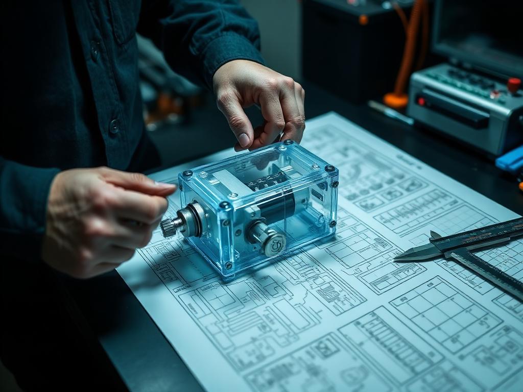Protótipo funcional sendo medido com paquímetro sobre desenhos técnicos
