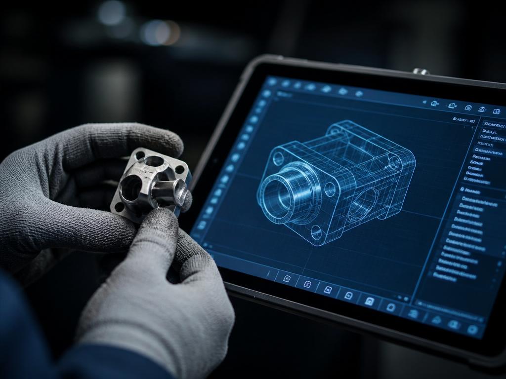 Técnico comparando peça física com modelo 3D CAD em tablet