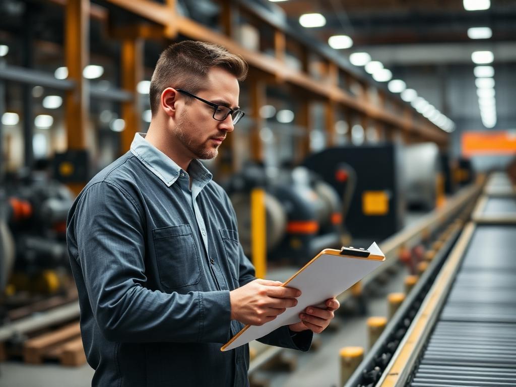 Consultor avaliando processo de linha de produção industrial