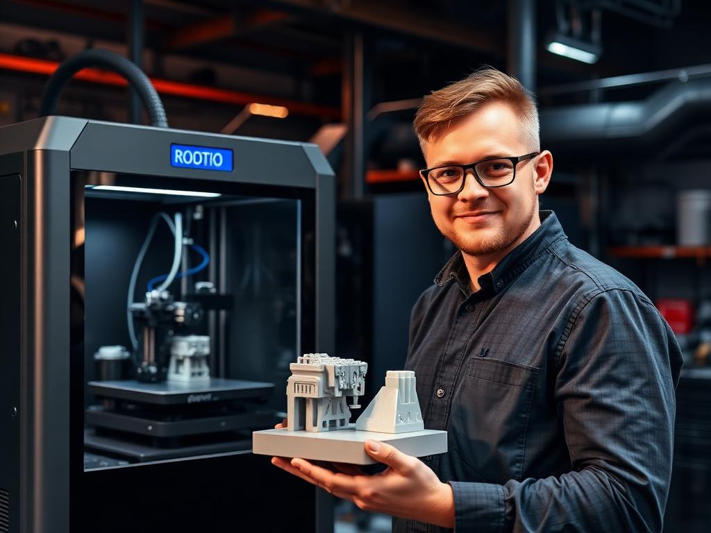 Engenheiro segurando protótipo recém-impresso ao lado da impressora 3D